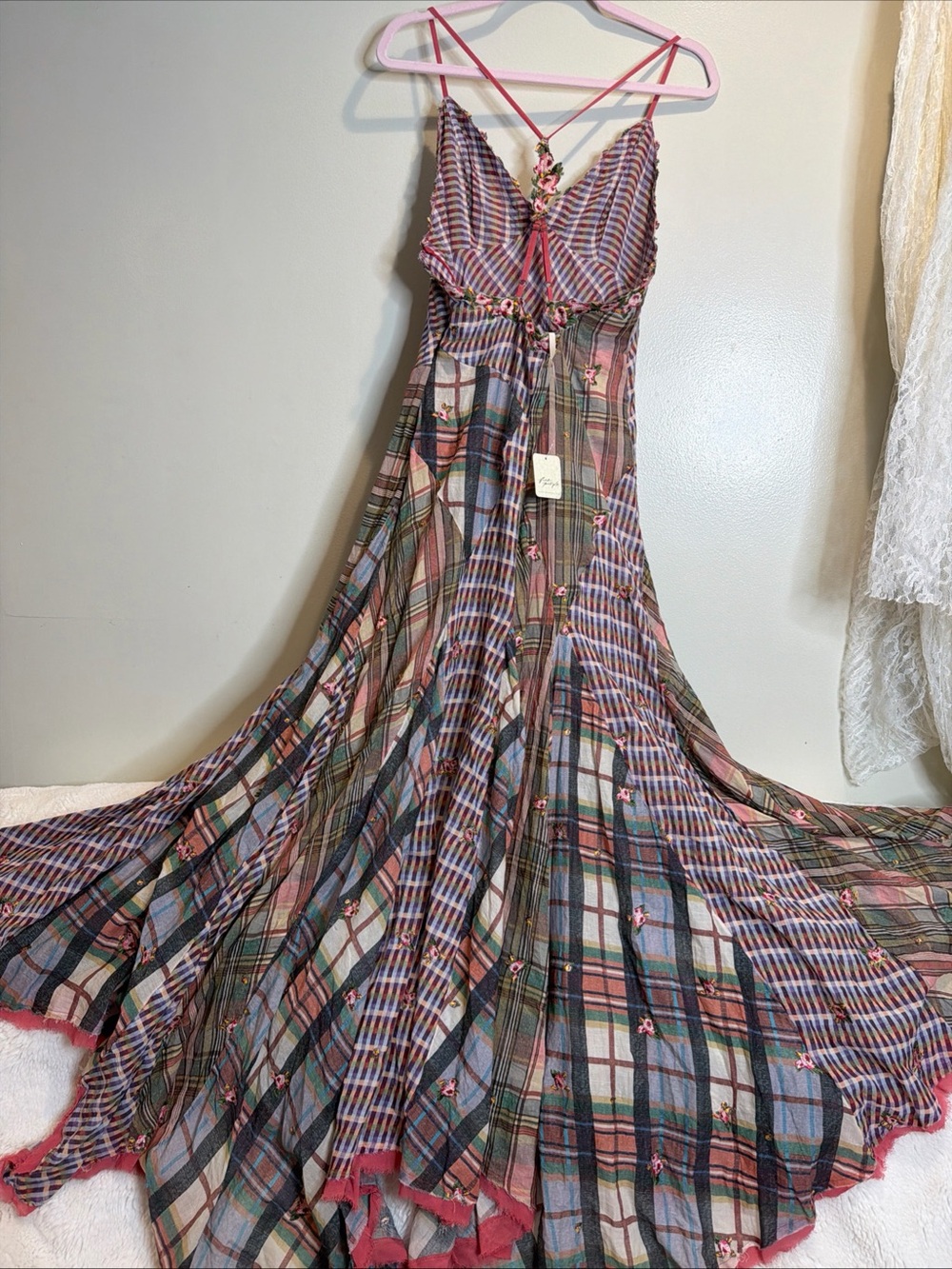 Free People Prairie Dust Plaid Patchwork Embroidered Floral Maxi Dress M - Picture 8 of 10